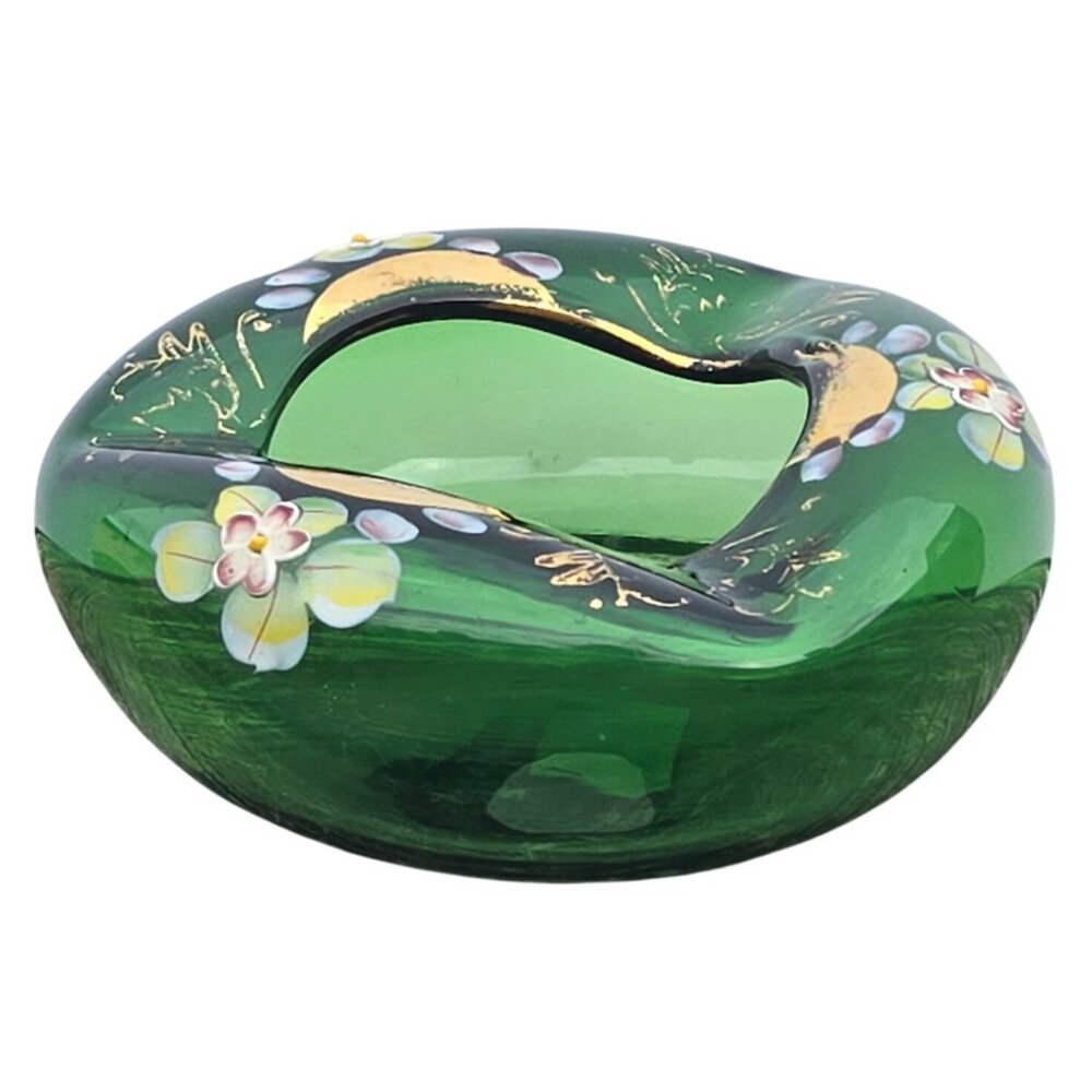 Vintage Kreiss Green Glass Decorative Bowl Floral Bohemian Decor Japan Retro